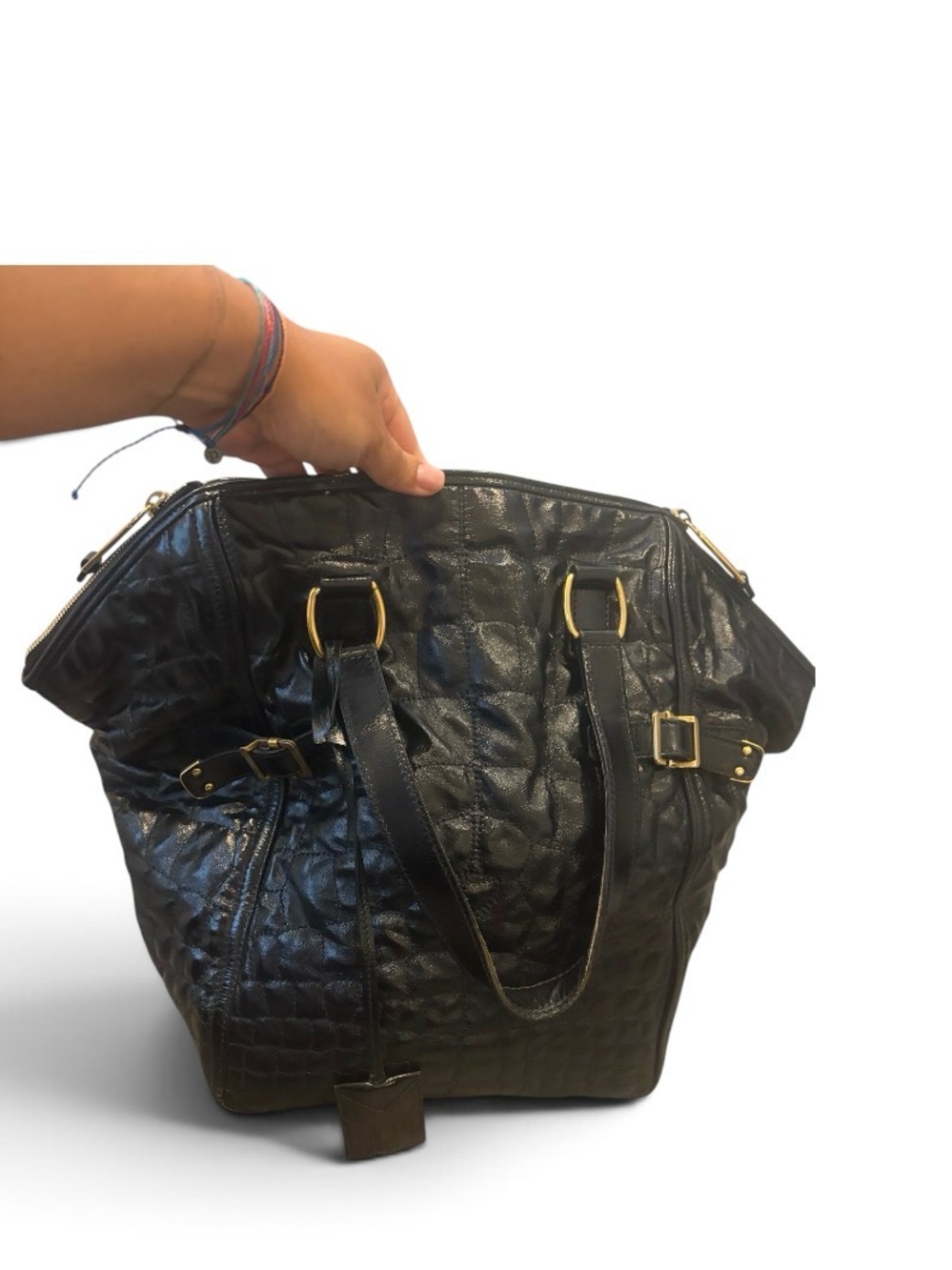 Authentic Yves Saint Laurent Rive Gauche Black Croc Embossed Leather Tote